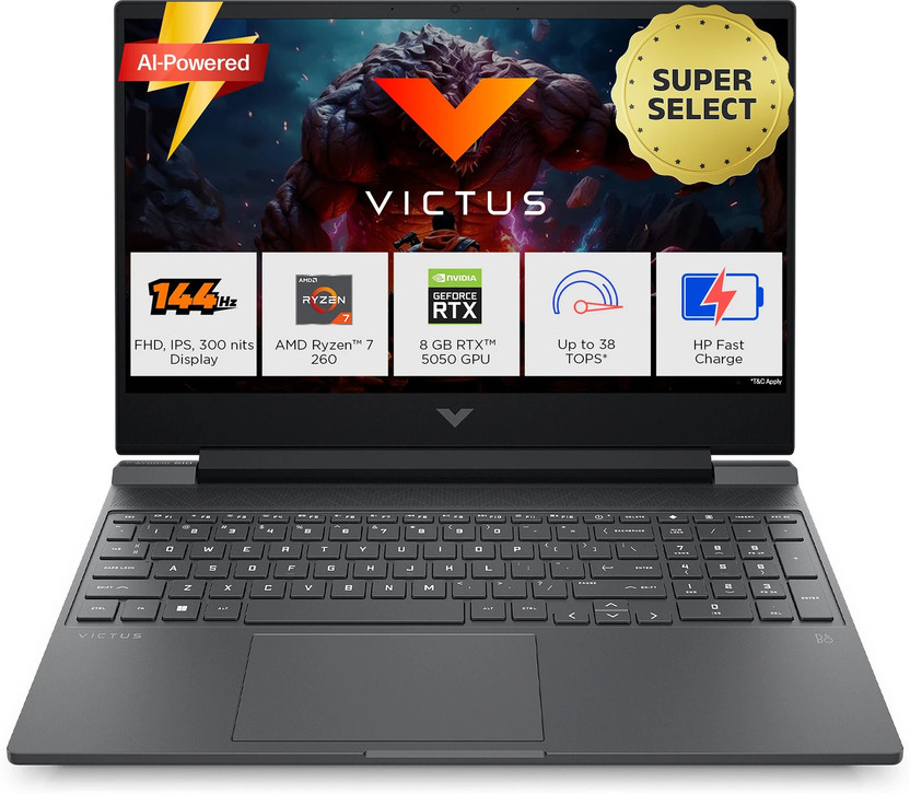 HP Victus AI AMD Ryzen 7 Octa Core 260 - (24 GB/1 TB SSD/Windows 11 Home/8 GB Graphics/NVIDIA GeForce RTX 5050) 15-fb3185AX Gaming Laptop(15.6 Inch, Mica Silver, Black Chrome Logo, 2.29 Kg, With MS Office)