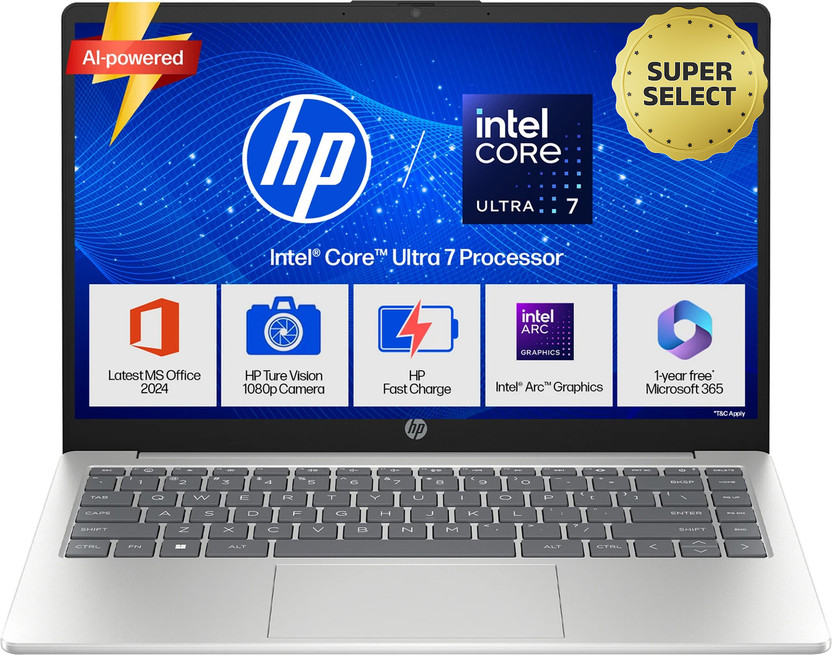 HP 14 AI PC Intel Core Ultra 7 155H - (16 GB/512 GB SSD/Windows 11 Home) 14-ep1151TU/14-gr1036TU Thin and Light Laptop(14 Inch, Natural Silver, 1.4 Kg, With MS Office)