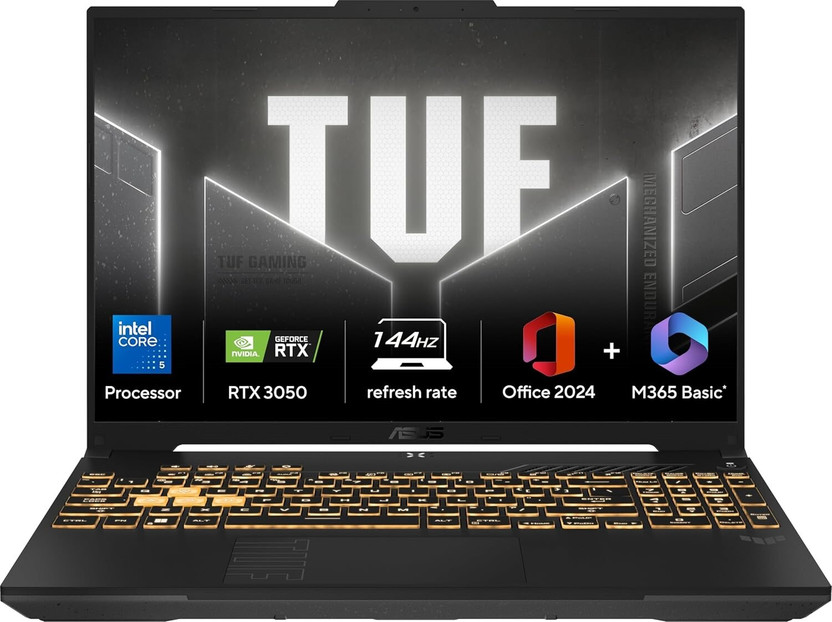 ASUS TUF Gaming F16 (2025) with MSO 2024+M365 Basic (i5 14th Gen) Intel Core 5 - (16 GB/512 GB SSD/Windows 11 Home/6 GB Graphics/NVIDIA GeForce RTX 3050/144 Hz) FX607VJB-RL179WS Gaming Laptop(16 inch, Mecha Gray, With MS Office)