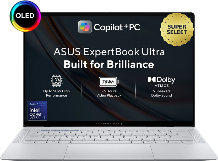 ASUS ExpertBook Ultra Full Metal Nano Ceramic Coating, OLED with Touchscreen Copilot Intel Core Ultra 5 Series 3 325 - (16 GB/512 GB SSD/Windows 11 Home) B9406CAA-TG1334WS / B9406CAA-TH2256WS Thin and Light Laptop(14 inch, Morn Grey, 1.10 Kg, With MS Office)