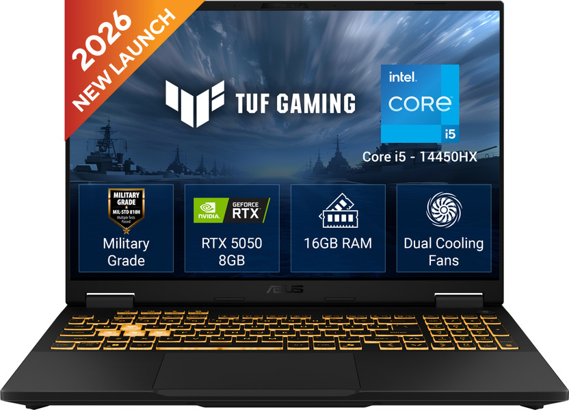 ASUS TUF Gaming F16 (2026) Intel Core i5 14th Gen 14450HX - (16 GB/512 GB SSD/Windows 11 Home/8 GB Graphics/NVIDIA GeForce RTX 5050/144 Hz) FX688JHI-TU364WS Gaming Laptop(16 inch, Jaeger Gray, 2.2 kg, With MS Office)