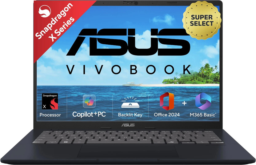 ASUS Vivobook 14 (2025) with Office 2024 + M365 Basic*, Backlit Keyboard, Snapdragon X - (16 GB/512 GB SSD/Windows 11 Home) X1407QA-LY038WS Thin and Light Laptop(14 Inch, Quiet Blue, 1.49 Kg, With MS Office)