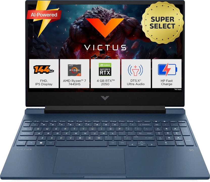 HP Victus AMD Ryzen 7 Hexa Core 7445HS - (16 GB/512 GB SSD/Windows 11 Home/4 GB Graphics/NVIDIA GeForce RTX 2050) 15-fb3122AX Gaming Laptop(15.6 Inch, Performance Blue, Chrome Logo, 2.29 Kg, With MS Office)