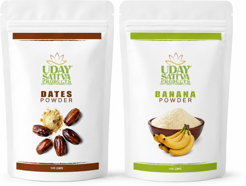 Uday Sattva Products Banana and Dates Powder, 100% Pure Natural, Sun-Dried, Gluten-Free, Vegan,Each 100 g(Pack of 2)