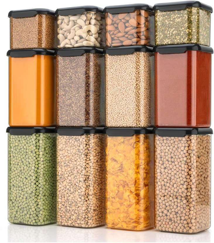SARAZA Plastic Grocery Container  - 550 ml, 1200 ml, 1600 ml(Pack of 12, Black)