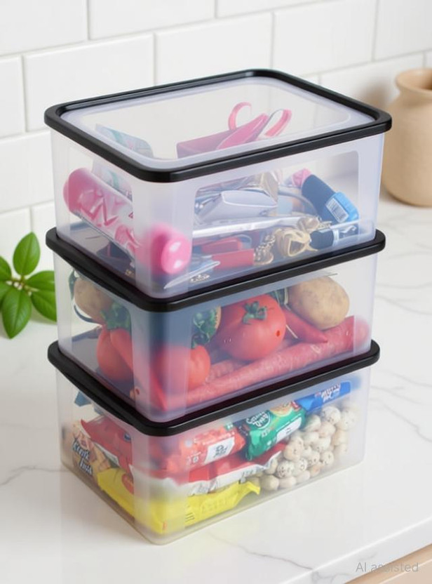 KEYA ENTERPRISE Bread box Storage container with Lid, Pack of 3 Storage Box(Multicolor, Black, Clear)