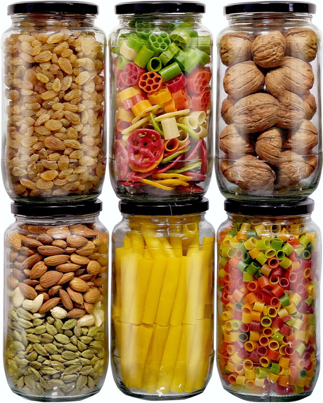 Skyper Glass Pickle Jar  - 1100 ml(Pack of 6, Black, Clear)