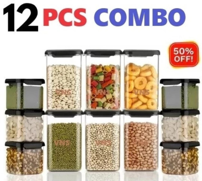 SEQUENCE Plastic Grocery Container  - 1100 ml, 500 ml(Pack of 12, Black)