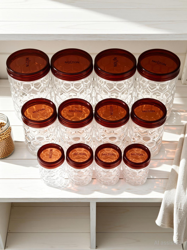 MILTON Plastic Grocery Container  - 270 ml, 665 ml, 1240 ml(Pack of 12, Clear, Brown)