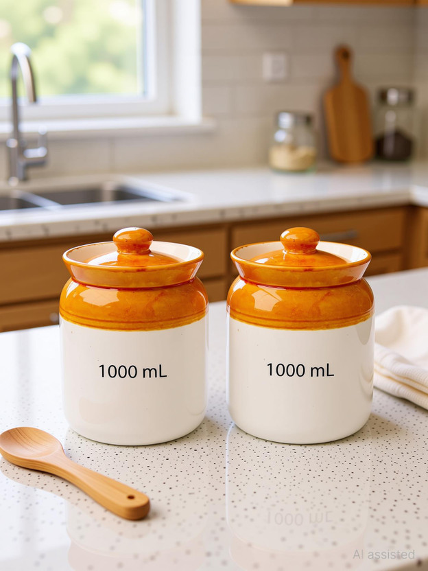 Jetwals Ceramic Pickle Jar  - 1000 ml(Pack of 2, Brown, White)