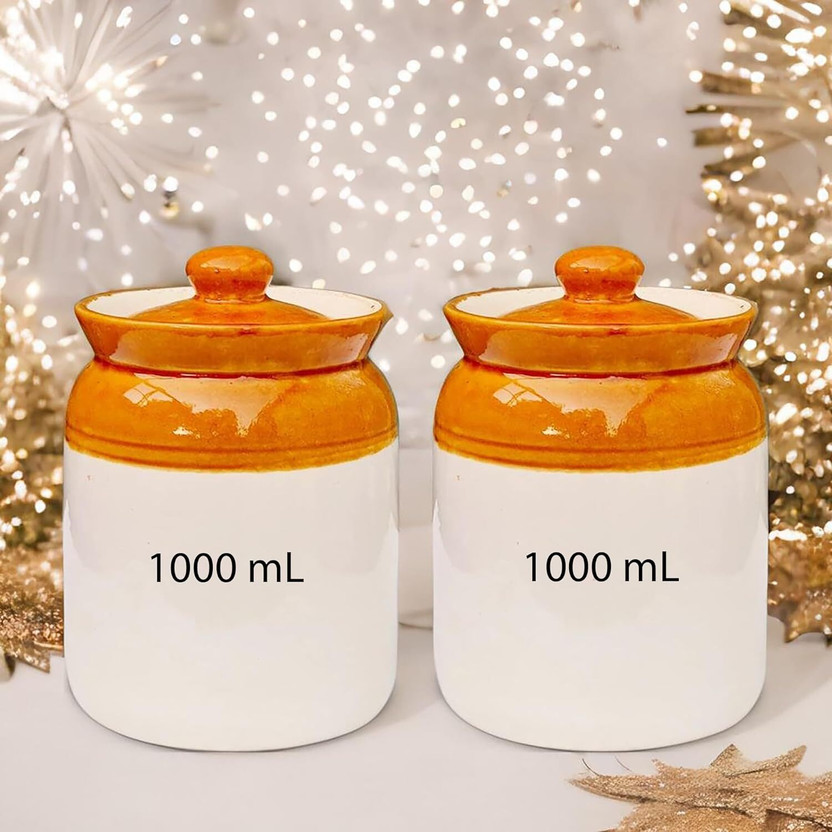 Jetwals Ceramic Pickle Jar  - 1000 ml(Pack of 2, Brown, White)