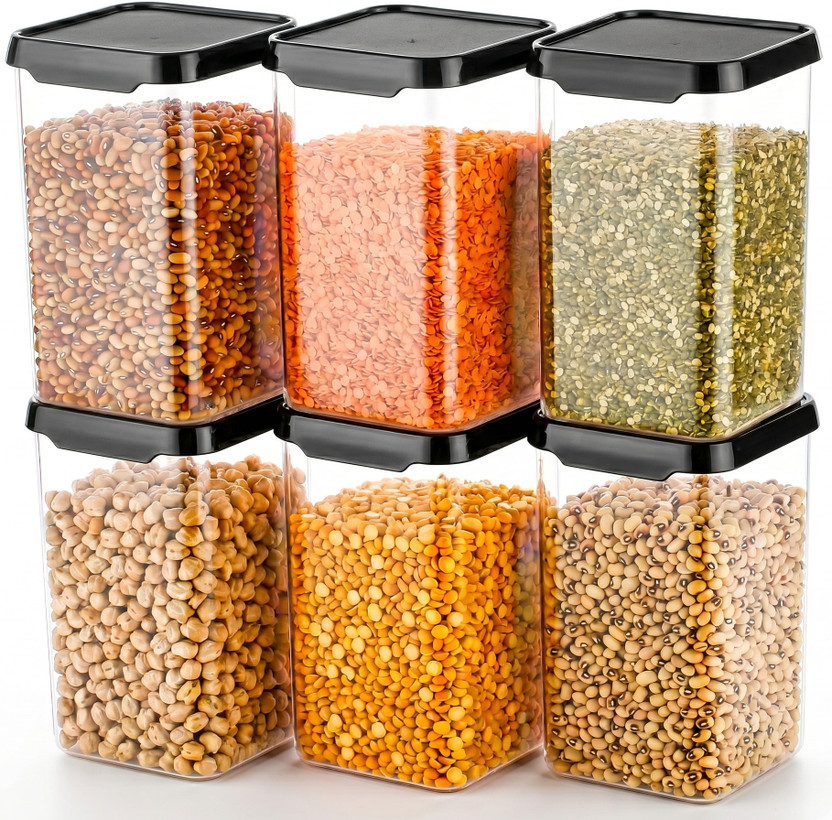 Sedulous Plastic Grocery Container  - 1100 ml(Pack of 6, Black)