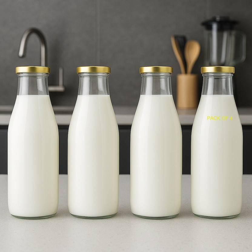 Shopifyzone Shopifyzone Milk, Water and Juice Glass Bottle with Air Tight Cap(Transparent; 500 ml)bqs 500 ml Glass Bottle(Pack of 4, Gold) - Flipkart Deal