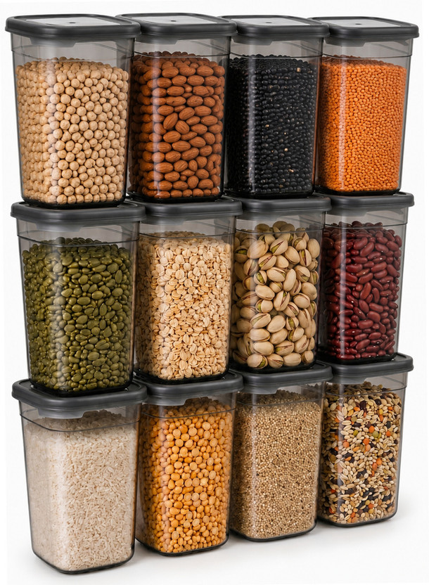 AXN Plastic Grocery Container  - 1 L(Pack of 12, Transparent, Black)