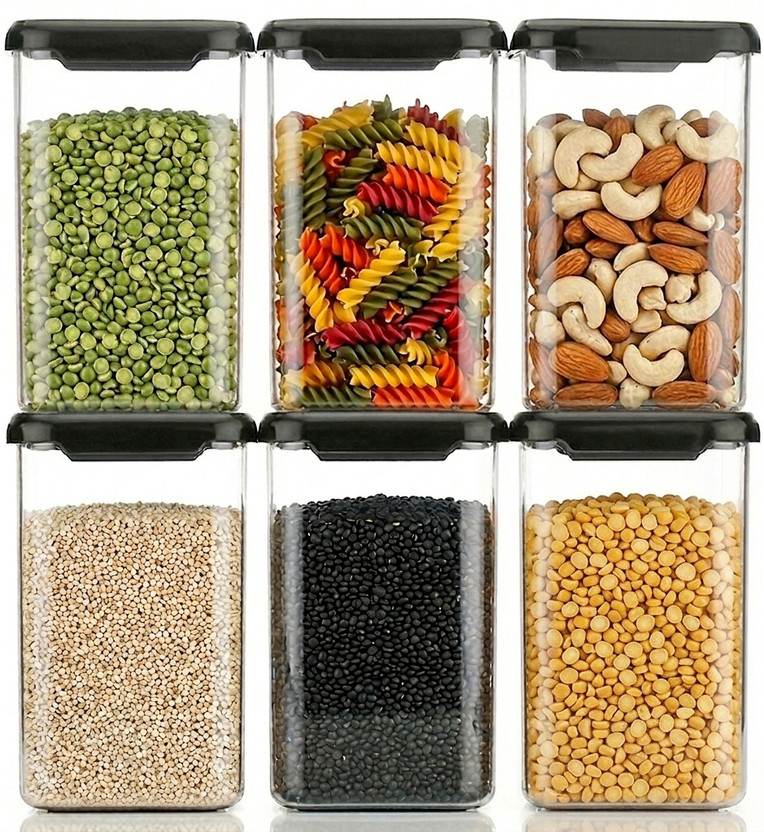 Flipkart SmartBuy Plastic Grocery Container  - 1100 ml(Pack of 6, Black)