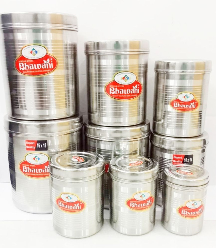 bhawani Stainless Steel Tea Coffee & Sugar Container  - 5 L(Pack of 9, Silver)