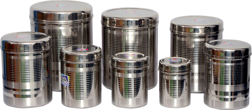 Tactware Steel Grocery Container  - 2.5 L, 2.1 L, 1.5 L, 1 L, 0.85 L, 0.65 L, 0.45 L, 0.25 L(Pack of 8, Silver)
