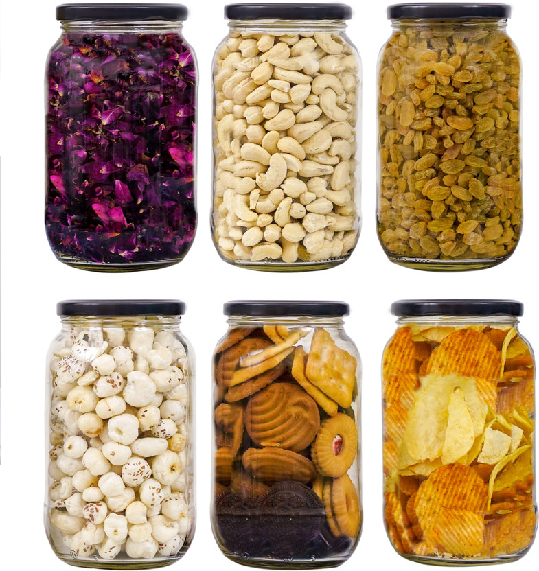 PANEL'S Glass Grocery Container  - 1100 ml(Pack of 6, Black)