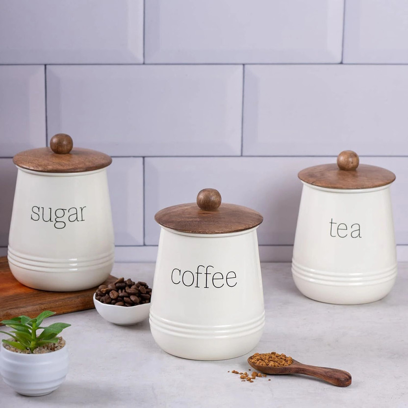 Metallure Iron Tea Coffee & Sugar Container  - 1001 ml(Pack of 3, Off White)