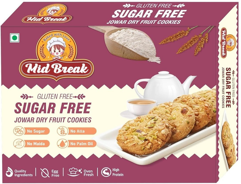 MidBreak Sugar Free Jowar (Sorghum) Millets & Dry Fruit Cookies | Pack of 1 Sugar Free Cookies Biscuit(200 g)