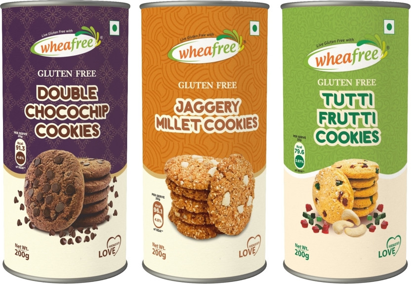 wheafree Gluten Free Jaggery Millet, Tutti Frutti & Double Chocochip Cookies Combo Pack Cookies(3 x 200 g)