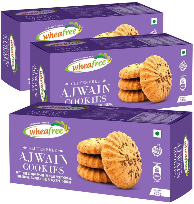 wheafree Gluten Free Ajwain Cookies - Pack of 3 (200g each) | Lactose Free | Multigrain Cookies(3 x 200 g)