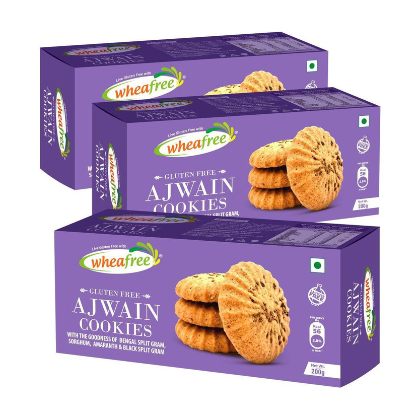 wheafree Gluten Free Ajwain Cookies - Pack of 3 (200g each) | Lactose Free | Multigrain Cookies(3 x 200 g)