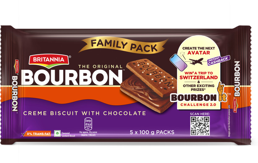 BRITANNIA The Original Bourbon | Creme biscuit with chocolate Cream Sandwich Biscuit(5 x 100 g)