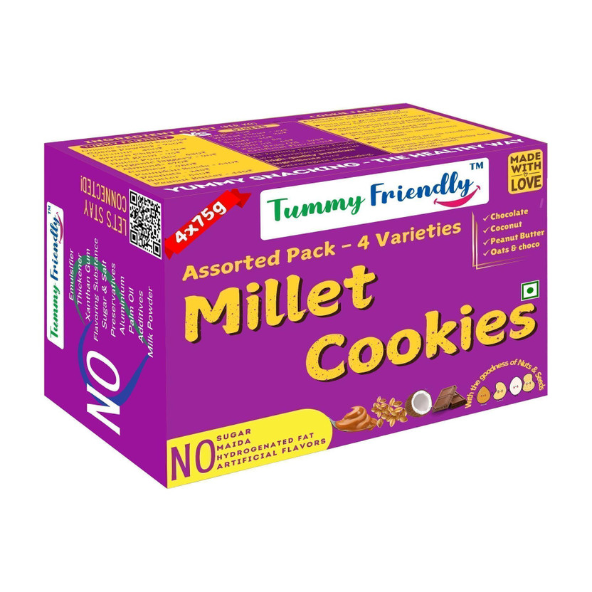 TummyFriendly Foods Ragi Millet Cookies - Assorted. Healthy Biscuits for Kids, Babies & Adults Cookies(4 x 75 g)