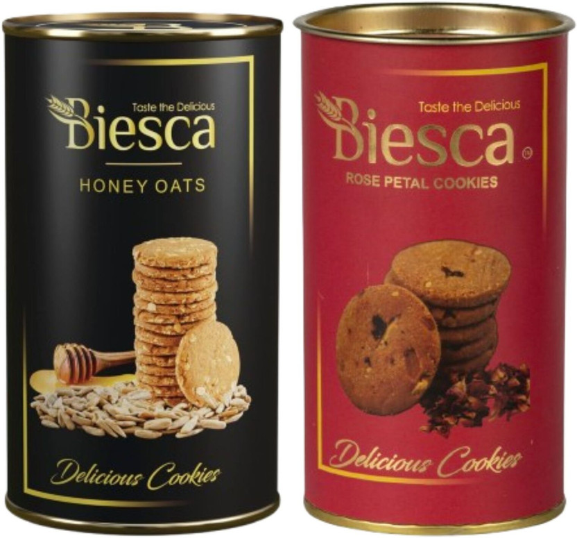 Biesca Rose Petal Cookies 160g &Honey Oats Cookies 185g Combo Biscuits Gift Pack Cookies(2 x 172.5 g)