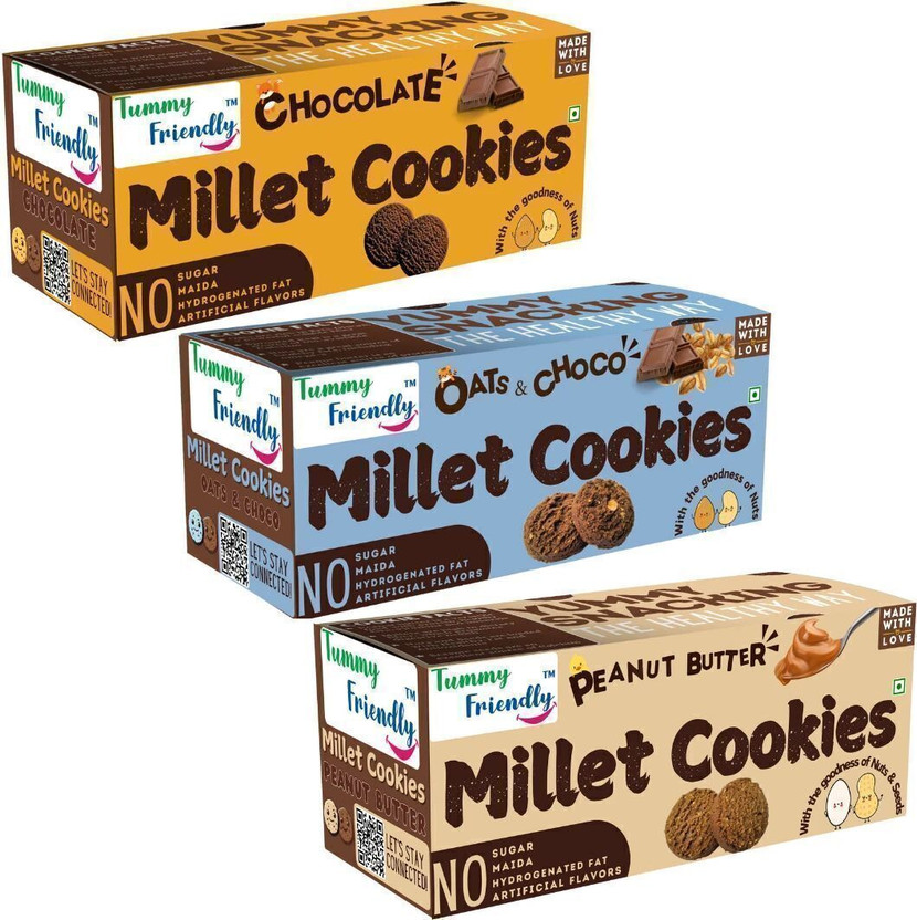 TummyFriendly Foods Millet Cookies -OatsChoco, Choco & Peanut. Healthy Biscuits for Kids, & Adults Cookies(3 x 75 g)
