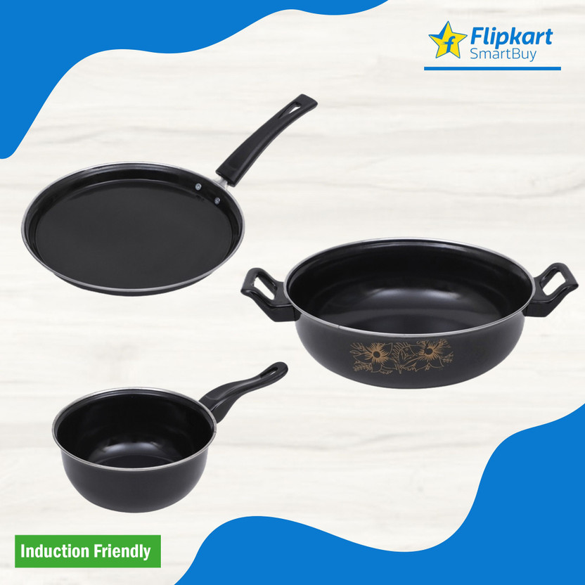 Flipkart SmartBuy Non-Stick Cookware Set - Kadhai, Tawa & Sauce Pan - Induction Bottom Non-Stick Coated Cookware Set(Cast Iron, PTFE (Non-stick), 3 - Piece)