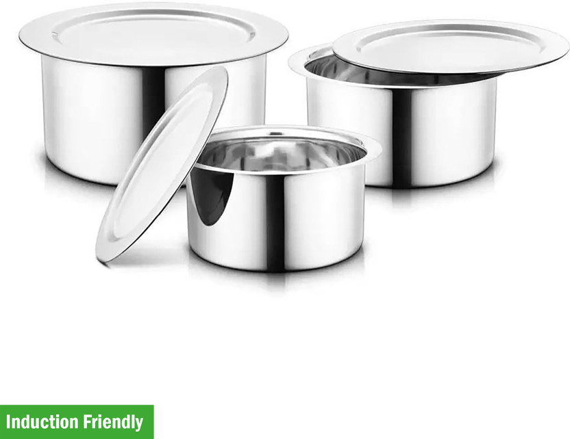 Flipkart SmartBuy 3 Stainless Steel Tope Set With Lid, Cookware Pot, Cooking Patila, Milk Tope Set Induction Bottom Cookware Set(Stainless Steel, 3 - Piece)