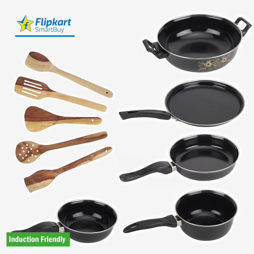 Flipkart SmartBuy Set of Kadhai, Tawa, Fry Pan, Sauce Pan, Tadka Pan & 5 Wooden Spatula 04 | Induction Bottom Non-Stick Coated Cookware Set(Cast Iron, PTFE (Non-stick), 10 - Piece)