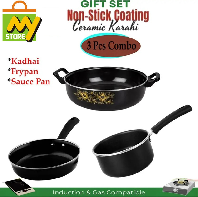 MY STORE Non-Stick Kadhai, Fry Pan, Tadka Pan - Perfect Kitchen Cookware Set (3 Pcs) | Induction Bottom Non-Stick Coated Cookware Set(Cast Iron, PTFE (Non-stick), 3 - Piece)