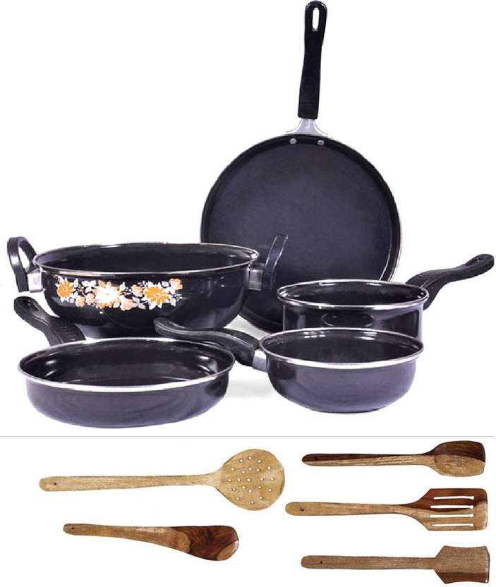 Flipkart SmartBuy Cookware Set - Kadhai, Tawa, Fry Pan, Sauce Pan, Tadka Pan, 5 Wooden Spatula - Induction Bottom Non-Stick Coated Cookware Set(Cast Iron, PTFE (Non-stick), 10 - Piece)