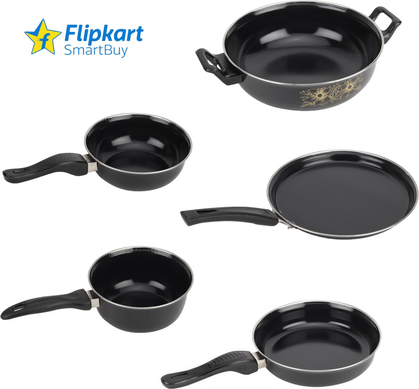 Flipkart SmartBuy Induction Cookware Set Non Stick Pan Combo of 5 Pcs - Induction Bottom Non-Stick Coated Cookware Set(Cast Iron, PTFE (Non-stick), 5 - Piece)