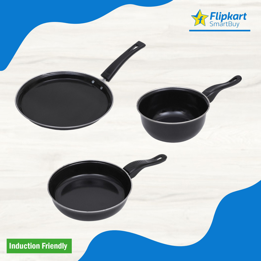 Flipkart SmartBuy Non-Stick Cookware Set - Tawa, Fry Pan & Sauce Pan - Induction Bottom Non-Stick Coated Cookware Set(Cast Iron, PTFE (Non-stick), 3 - Piece)