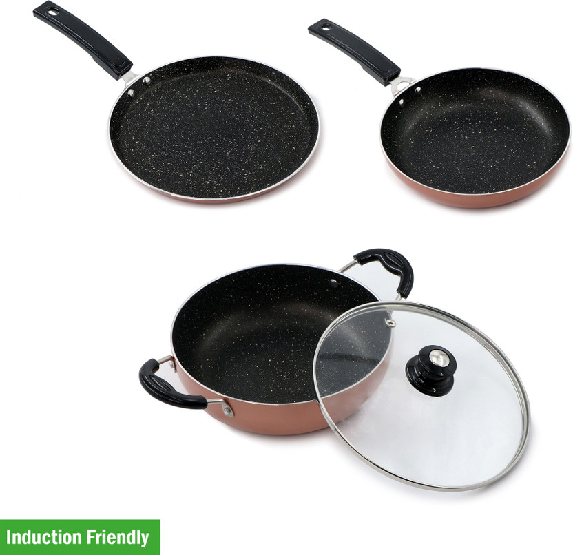 Flipkart SmartBuy 3 Piece Non-Stick Combo Set of Spetter Dosa Tawa,Fry Pan & Kadhai With Glass Lid Induction Bottom Non-Stick Coated Cookware Set(Aluminium, 3 - Piece)