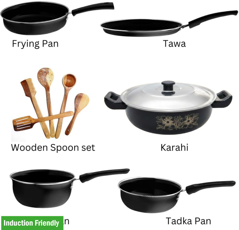 Kashvi 11_Pcs_Kitchen_cookware_items_.._0000 Induction Bottom Non-Stick Coated Cookware Set(Cast Iron, 11 - Piece)