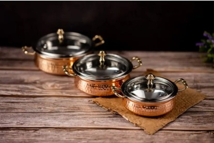 Alluring Homz Royal Hammered Copper & Steel Serveware Handi Set with Glass Lids–300/500/800 ml Pack of 3 Serve Casserole(300 ml, 500 ml, 800 ml)