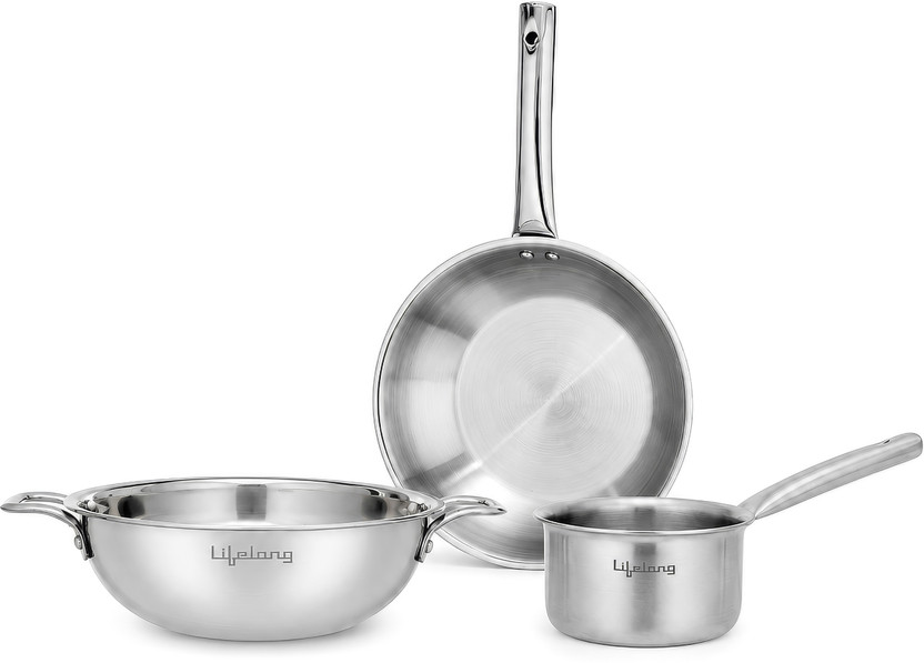 Lifelong Triply Kadai, Frypan & Saucepan Induction Bottom Cookware Set(Stainless Steel, 3 - Piece)