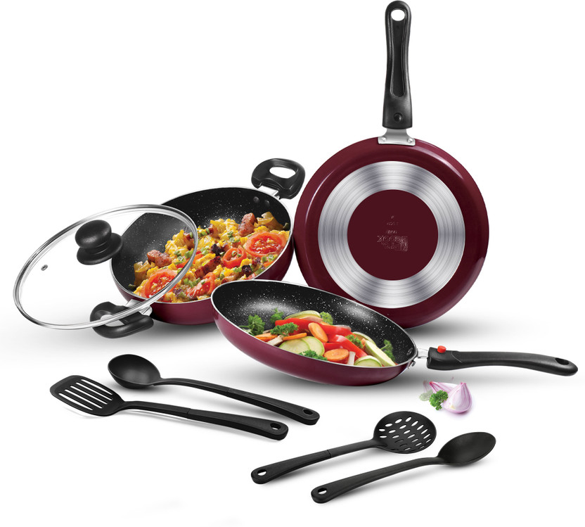 MILTON Pro Cook Kitchen Pride Plus Granito Non Induction, Peach Non-Stick Coated Cookware Set(Aluminium, 7 - Piece)