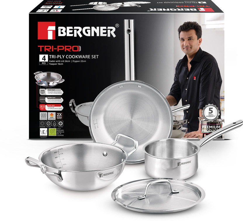 BERGNER Tripro TriPly Stainless Steel 4 Pcs Induction Bottom Cookware Set(Triply, 4 - Piece)