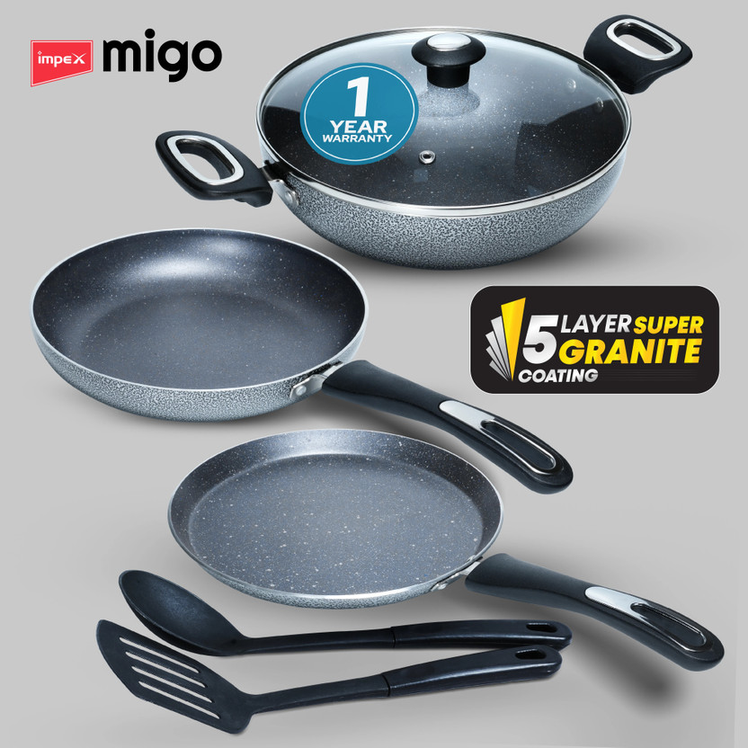 IMPEX Nonstick Induction Bottom Granite Festival GiftMFKT 5 Layer Super Granite Induction Bottom Non-Stick Coated Cookware Set(Aluminium, 6 - Piece)