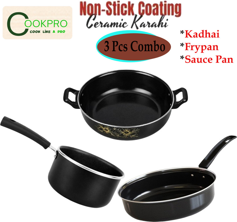 cookpro Durable Black Pack of 3 pc (Kadhai, Fry Pan, Sauce Pan) Induction & Gas Use Non-Stick Coated Cookware Set(PTFE (Non-stick), 3 - Piece)