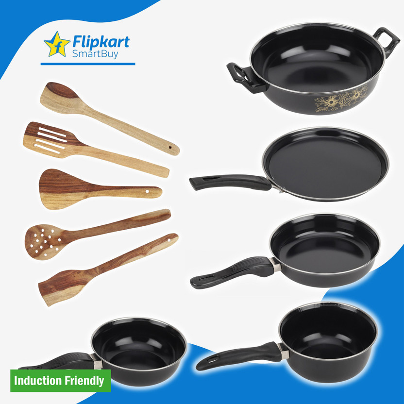 Flipkart SmartBuy Set of Kadhai, Tawa, Fry Pan, Sauce Pan, Tadka Pan & 5 Wooden Spatula 03 | Induction Bottom Non-Stick Coated Cookware Set(Cast Iron, PTFE (Non-stick), 10 - Piece)