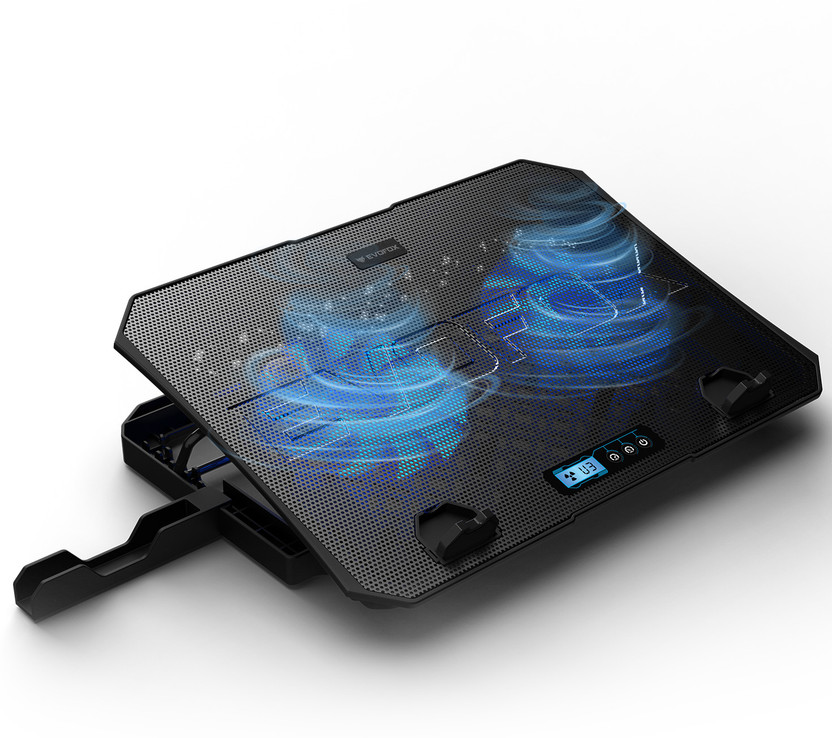 EVOFOX Frost Plus Dual Fans Blue Backlight, LCD Display, 5 Adjustable Angles, USB Ports 2 Fan Ergonomic Cooling Pad with Adjustable Height(Black)