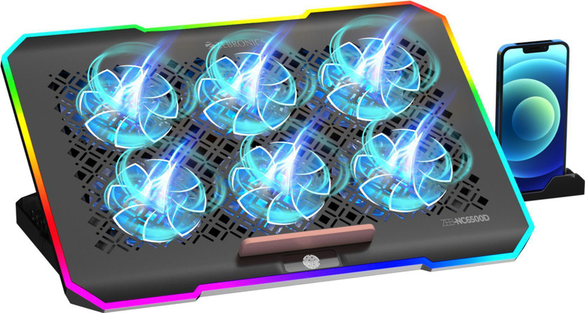 ZEBRONICS NC6500D support upto 17 inch Laptops, 6 Fans,Detachable Mobile Holder,USB Ports Cooling Pad with Adjustable Height(Black)