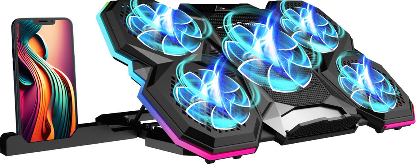 ZEBRONICS NC8000 upto 17 inch, 5 Fans, Speed Control, 10 RGB Modes, Mobile Holder 5 Fan Cooling Pad with Adjustable Height(Black)